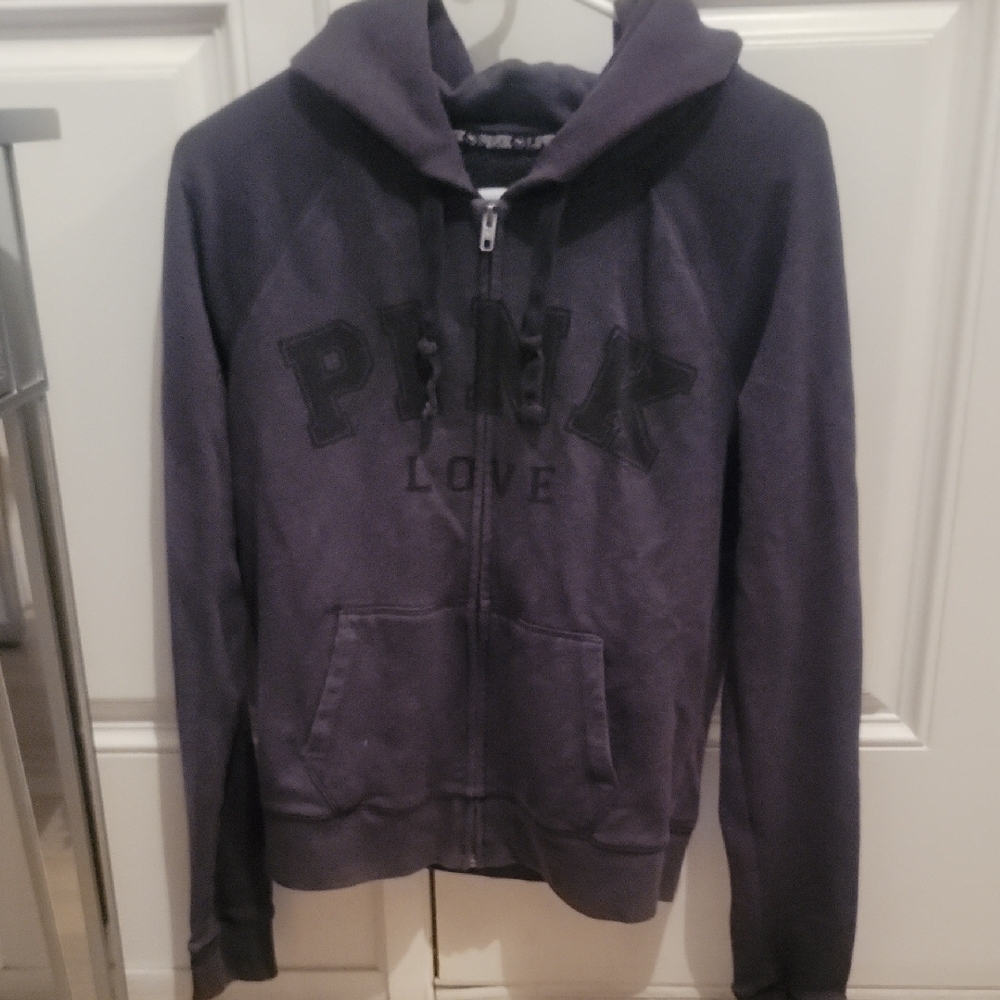Victoria's Secret Dark Gray Zip Hoodie with PINK Logo in Black. Small